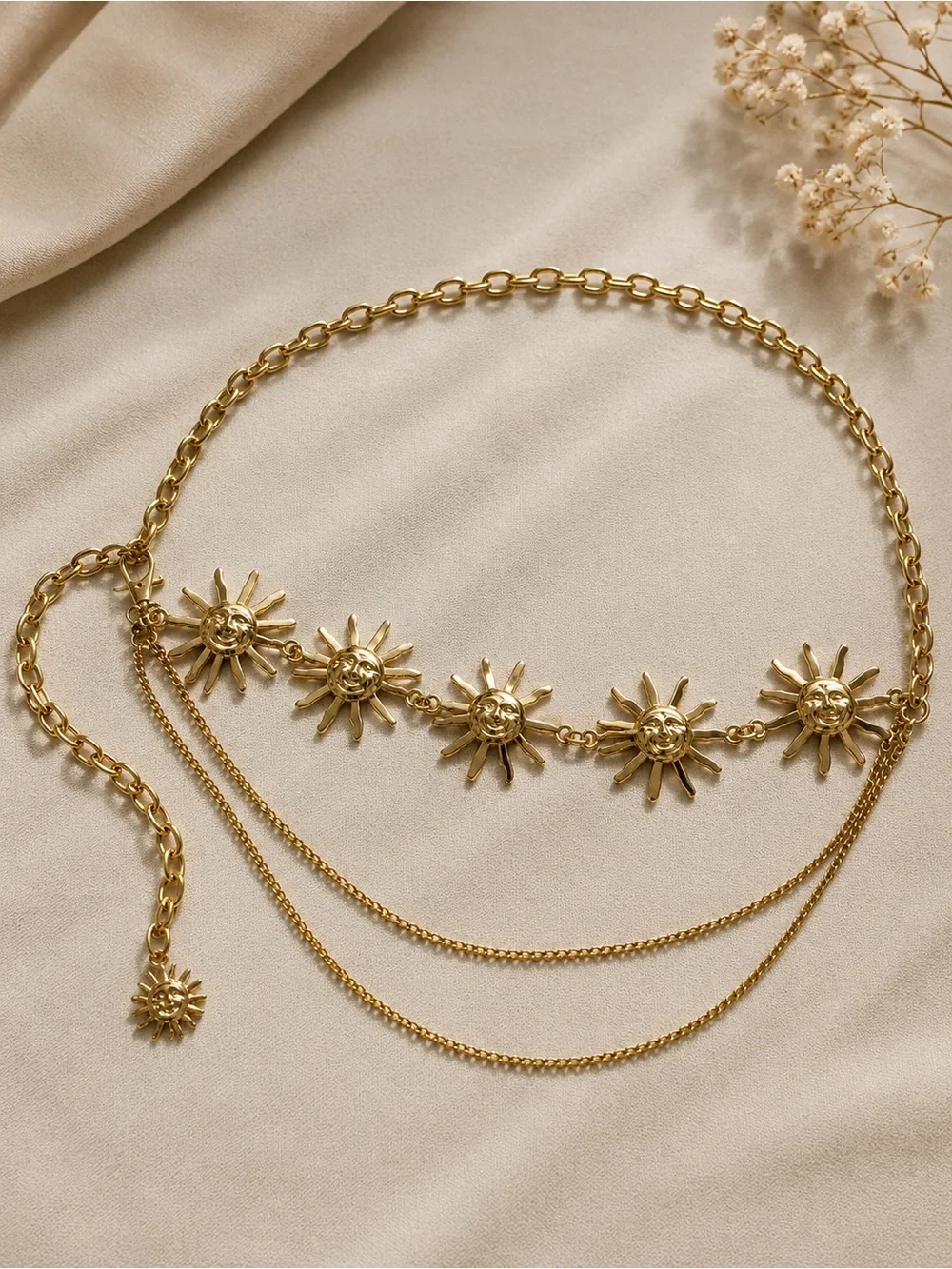 Gold Sun Charm Chain Waist Belt NWT | Adjustable Boho Festival Celestial S/M